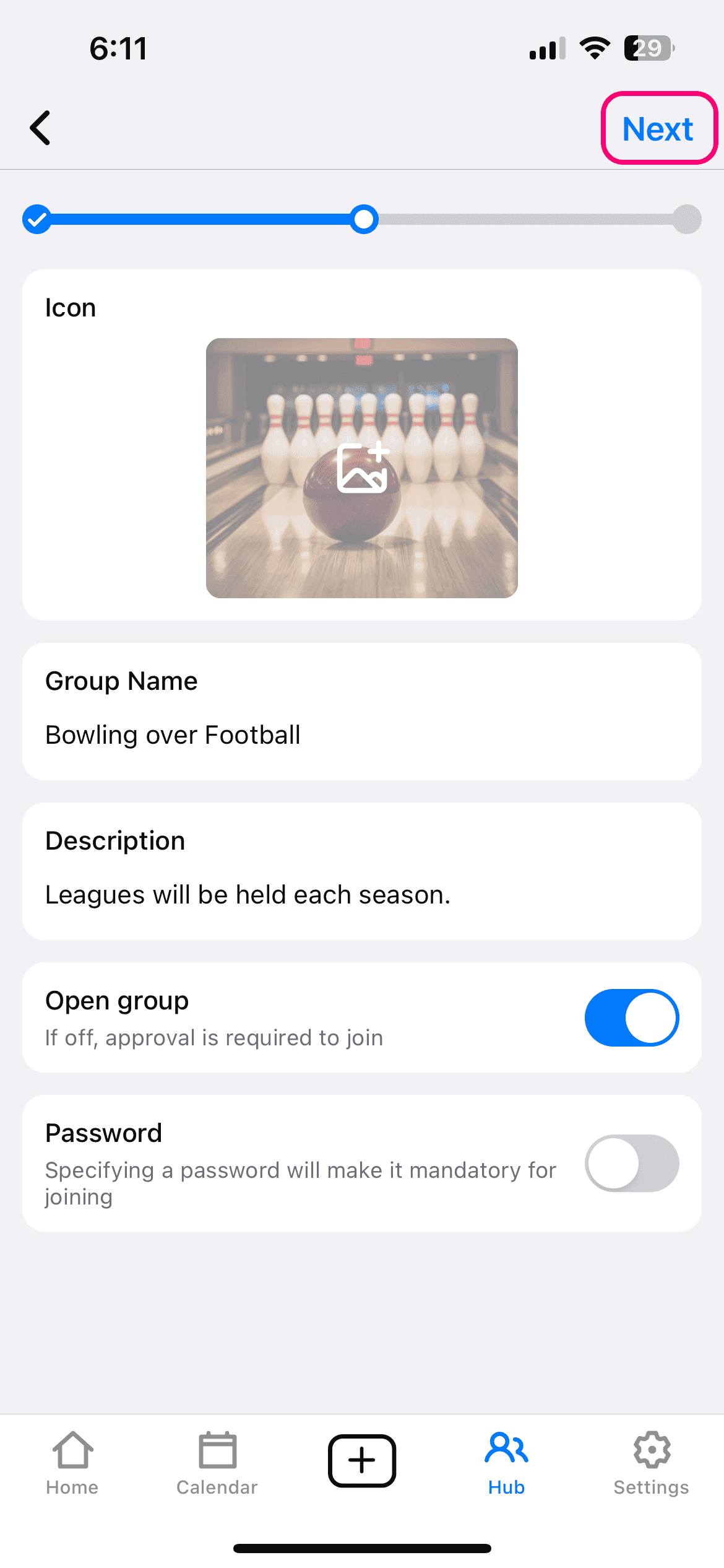 Enter a group icon and name, then click 'Next'.