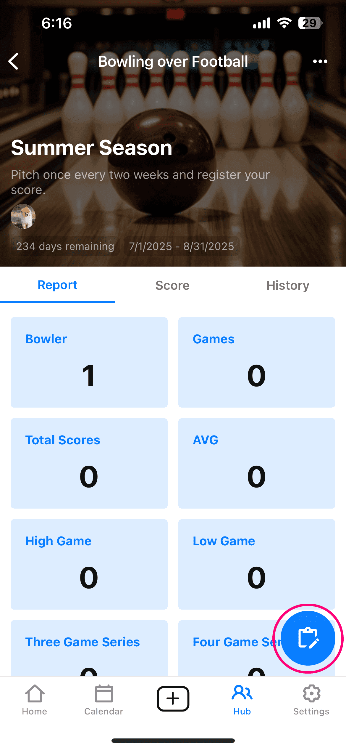 Once you've joined a league, you can register scores anytime using the score sheet button in the bottom-right corner.