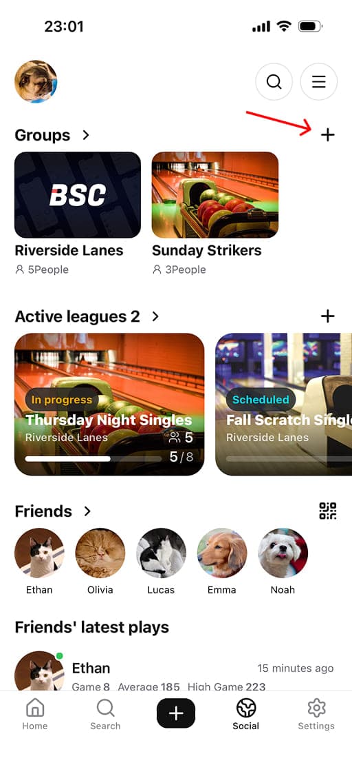 Tap the '+' button next to 'Groups' on the Social tab.